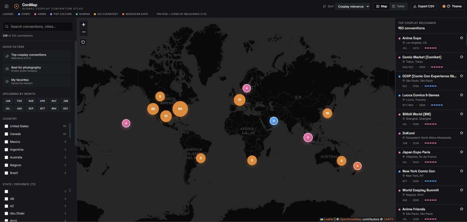 ConMap, a global cosplay convention atlas mapping 151 conventions worldwide by location, size, category, and cosplay relevance, with filters for photography hotspots and upcoming months.